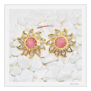 Gold Plated Earrings - Floral Studs with American diamond & Gem-Pink