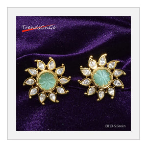 Gold Plated Earrings - Floral Studs with American diamond & Gem- Sea Green