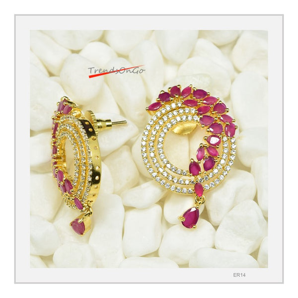 Gold Plated Earrings - Gem Hanging Studs with White A Diamond & Gems