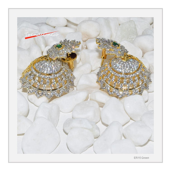 Gold toned Drop Earrings - Dome shaped White Stone Jhumka has Gem & hanging bead