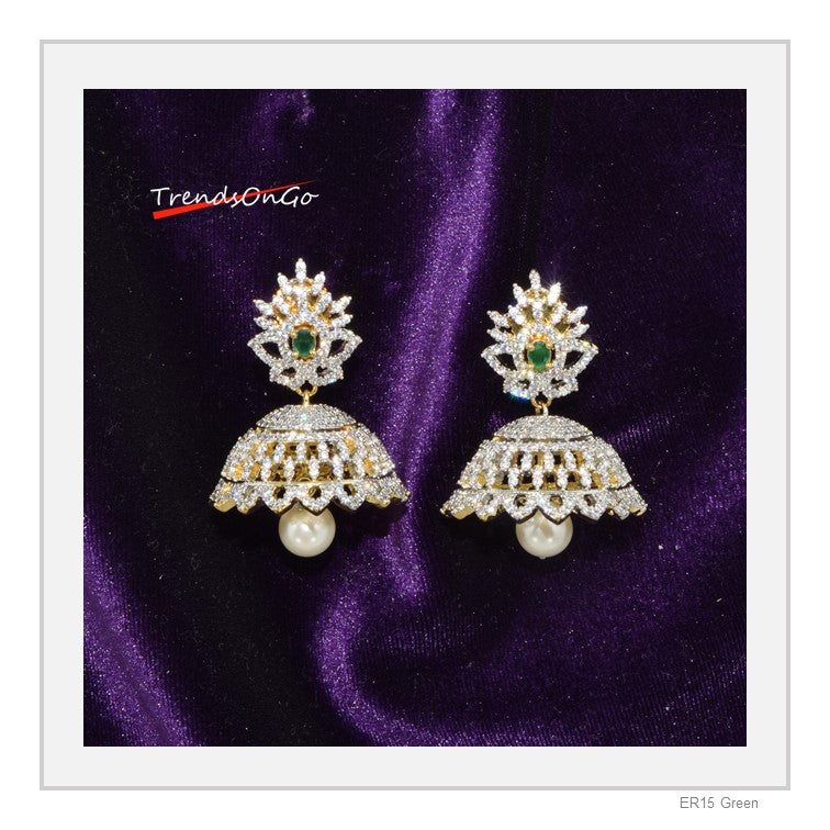 Gold toned Drop Earrings - Dome shaped White Stone Jhumka has Gem & hanging bead