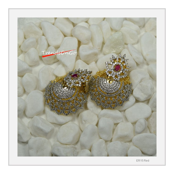 Gold toned Drop Earrings - Dome shaped White Stone Jhumka has Gem & hanging bead