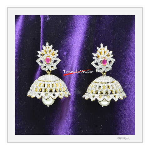 Gold toned Drop Earrings - Dome shaped White Stone Jhumka has Gem & hanging bead