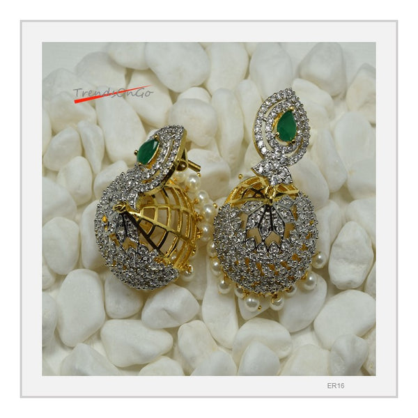 Gold Plated Drop Earrings - Dome shaped Beaded Jhumka with Gem & White stones