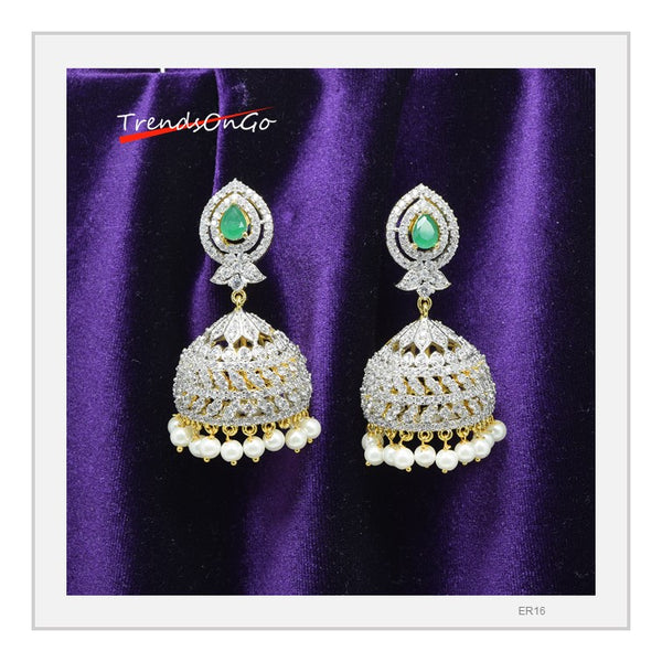 Gold Plated Drop Earrings - Dome shaped Beaded Jhumka with Gem & White stones