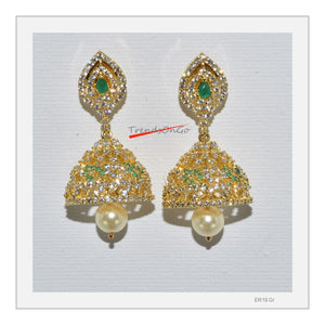 Gold Plated Drop Earrings - Dome shaped Beaded Jhumka with Gem & White stones