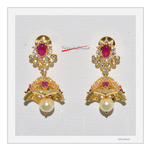 Gold Plated Drop Earrings - Dome shaped Beaded Jhumka with Red Gem & White stones