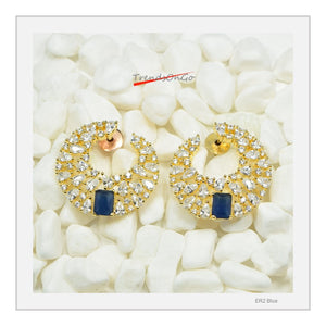 Gold Toned Diamond Earrings - Crescent Shaped Studs has Artificial Diamonds & Blue Gem