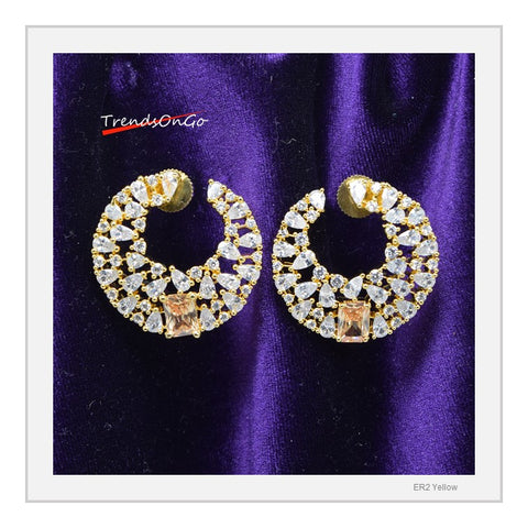 Gold Toned Diamond Earrings - Crescent Shaped Studs has Artificial Diamonds & Yellow Gem