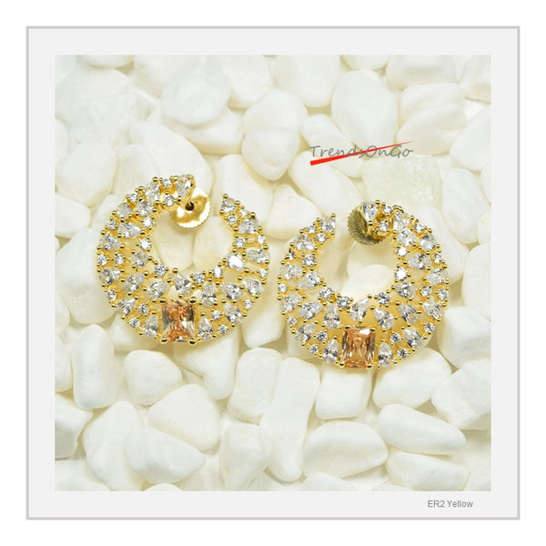 Gold Toned Diamond Earrings - Crescent Shaped Studs has Artificial Diamonds & Yellow Gem