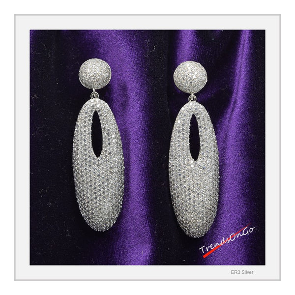 Silver Toned Oval shape Drop Earrings, Rhodium-Plated has white Artificial Diamonds