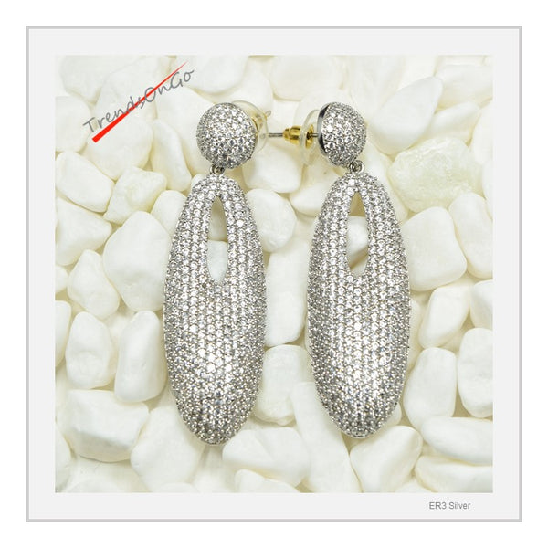 Silver Toned Oval shape Drop Earrings, Rhodium-Plated has white Artificial Diamonds