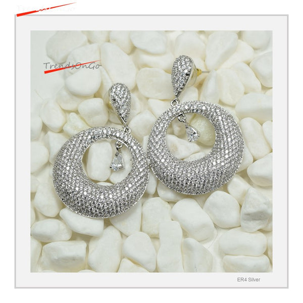 Silver Toned Crescent Shaped Drop Earrings - Rhodium Plated has White Stones