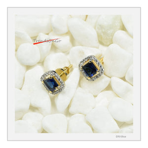 Gold Toned Diamond Studs - Geometric Earrings has Artificial Diamonds & Blue Gem