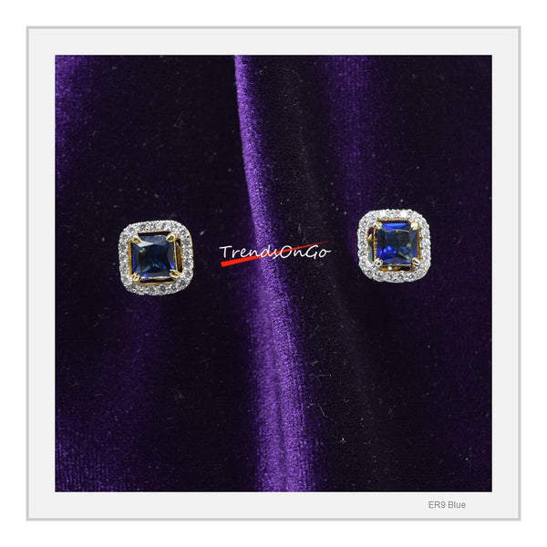 Gold Toned Diamond Studs - Geometric Earrings has Artificial Diamonds & Blue Gem