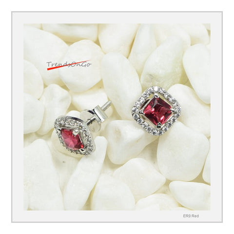 Silver Toned Diamond Studs - Geometric Earrings has Artificial Diamonds & Red Gem