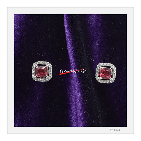 Silver Toned Diamond Studs - Geometric Earrings has Artificial Diamonds & Red Gem