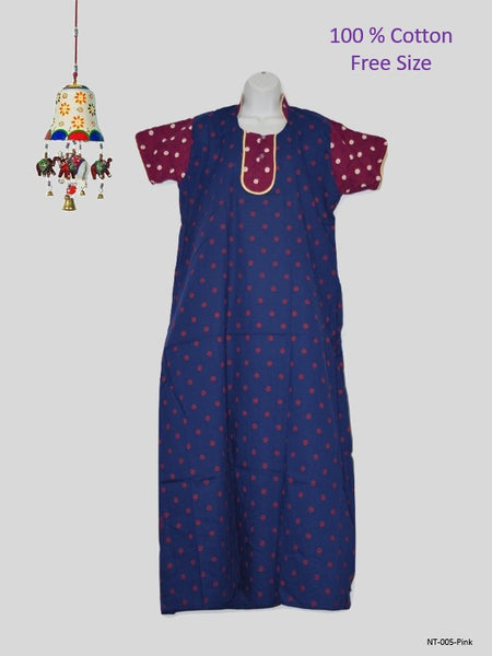 100% Cotton Women's Maxi Nightdress -Polka Print-Free Size