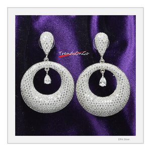 Silver Toned Crescent Shaped Drop Earrings - Rhodium Plated has White Stones