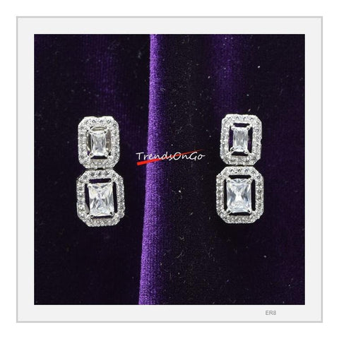 Silver Toned Diamond Studded Drop - Rhodium Plated Geometric Earrings has White Diamonds