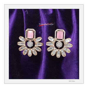 Gold Plated Earrings - Floral Studs Simulated Diamonds & Pink Gem