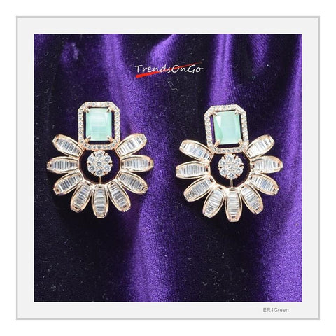 Gold Plated Earrings - Floral Studs Simulated Diamonds & Sea Green Gem