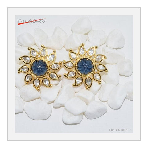 Gold Plated Earrings - Floral Studs with American diamond & Gem-Blue