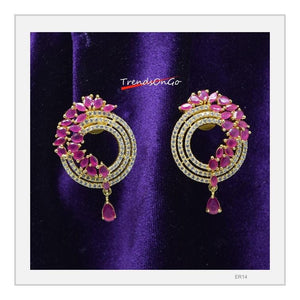 Gold Plated Earrings - Gem Hanging Studs with White A Diamond & Gems