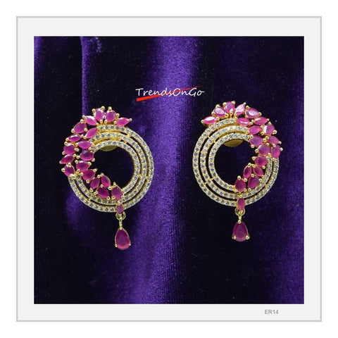 Gold Plated Earrings - Gem Hanging Studs with White A Diamond & Gems