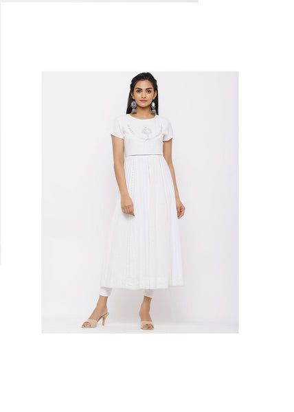 White Rayon Lurex Embroidered Anarkali Kurta Top- Women Maxi dress