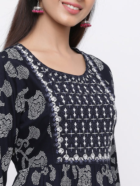 Indigo Rayon Embroidered Tiered Ethnic Dress- Women Maxi dress