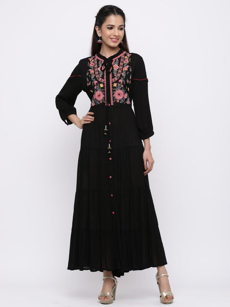 Black Rayon Crepe Embroidered Tiered Dress- women long gown dress