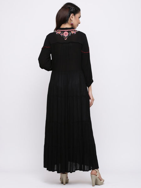 Black Rayon Crepe Embroidered Tiered Dress- women long gown dress