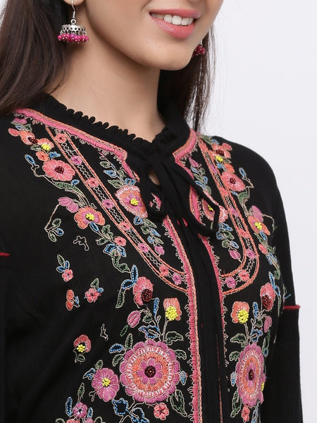 Black Rayon Crepe Embroidered Tiered Dress- women long gown dress