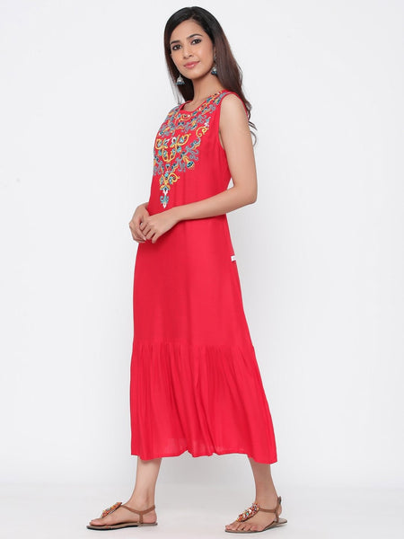 Red Rayon Slub Yoke Embroidered Flared Kurta- Women Maxi Dress