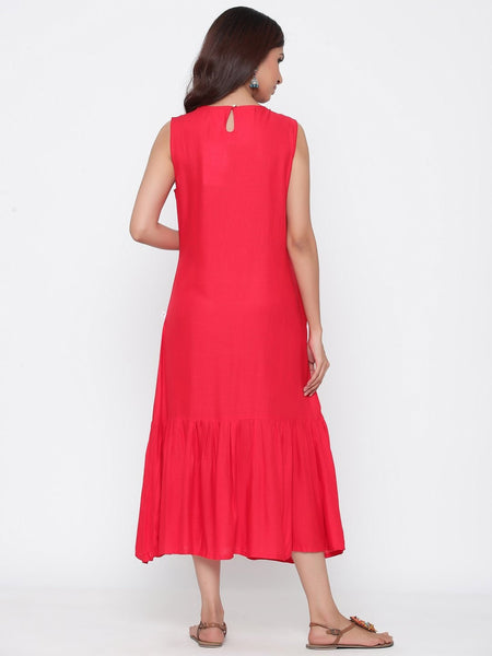 Red Rayon Slub Yoke Embroidered Flared Kurta- Women Maxi Dress