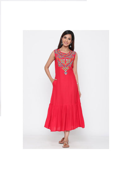 Red Rayon Slub Yoke Embroidered Flared Kurta- Women Maxi Dress