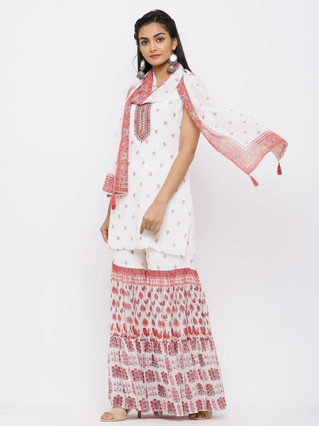 Maroon Georgette Printed Straight Kurta-Top Sharara-Palazzo Dupatta-Scarf Set- Women Suit