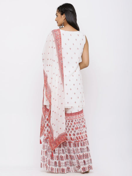 Maroon Georgette Printed Straight Kurta-Top Sharara-Palazzo Dupatta-Scarf Set- Women Suit
