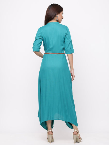 Emerald Green Rayon Solid Asymmetric Dress with Belt- Women long gown Dress