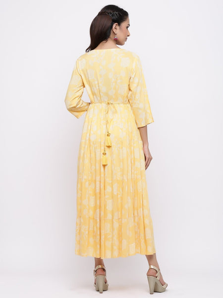 Mango Yellow Rayon Embroidered Tiered Women Maxi Dress Gown Bollywood style Summer/Daily Wear