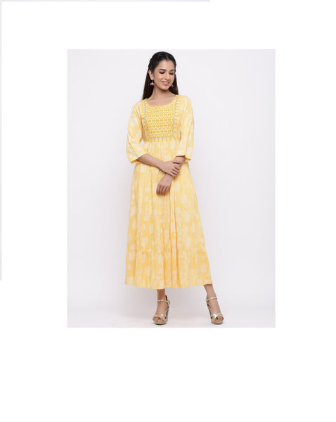 Mango Yellow Rayon Embroidered Tiered Women Maxi Dress Gown Bollywood style Summer/Daily Wear