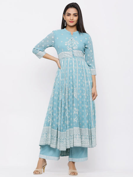 Mint Georgette Printed Maxi-Anarkali Kurta with Palazzo- Women Kurta and Palazzo Set Suit Set Bollywood style Wedding/Party Wear widelegpant