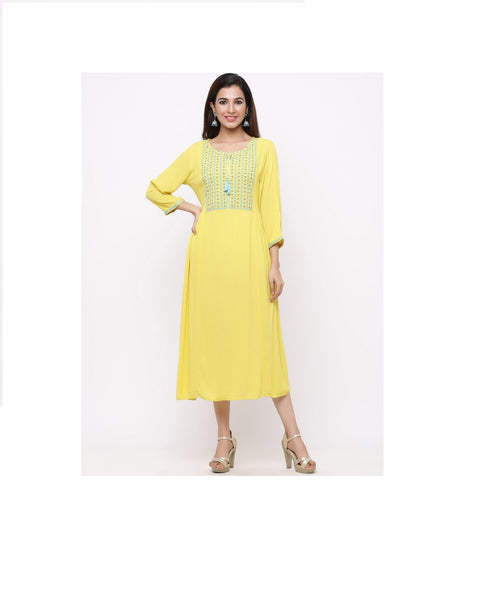 Yellow Rayon Crepe Embroidered A-line Dress- Women Maxi Dress gown summer dress Bollywood style