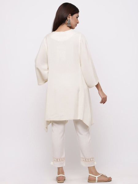 Off White Rayon Flex Embroidered Asymmetric Tunic short kurti long top blouses Bollywood style