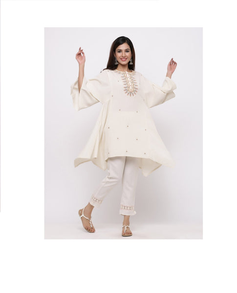 Off White Rayon Flex Embroidered Asymmetric Tunic short kurti long top blouses Bollywood style