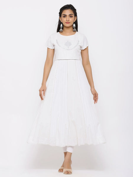 White Rayon Lurex Embroidered Anarkali Kurta Top- Women Maxi dress