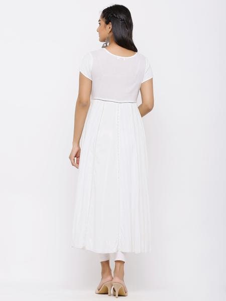 White Rayon Lurex Embroidered Anarkali Kurta Top- Women Maxi dress