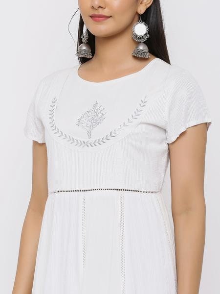 White Rayon Lurex Embroidered Anarkali Kurta Top- Women Maxi dress