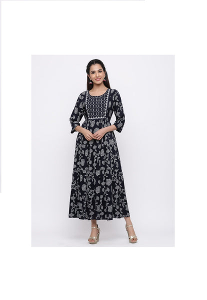 Indigo Rayon Embroidered Tiered Ethnic Dress- Women Maxi dress